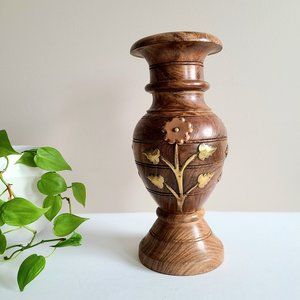 Vintage large wooden vase with brass and copper floral design.